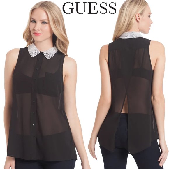 GUESS Pearl Collar Simona Sheer Top Size XS - Picture 1 of 9